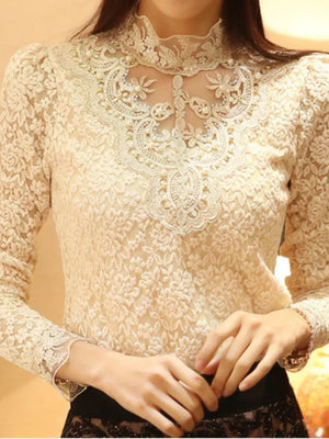 Beaded Lace Stand-Up Collar Top