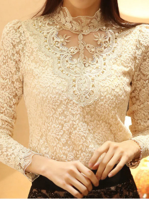 Beaded Lace Stand-Up Collar Top