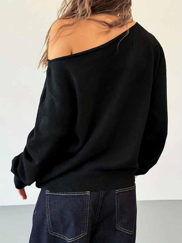 Black Off-Shoulder Knit Long Sleeve Sweater