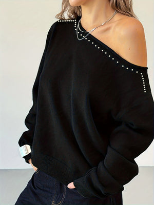 Black Off-Shoulder Knit Long Sleeve Sweater