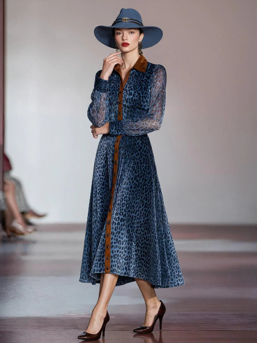 Blue Leopard Print Long Sleeve Midi Dress