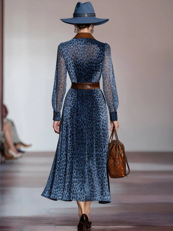 Blue Leopard Print Long Sleeve Midi Dress