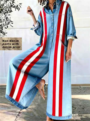 Blue Striped Print Relaxed-Fit Jumpsuit