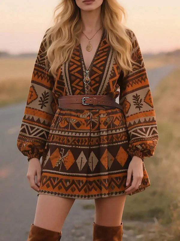 Bohemian Print Long-Sleeve Dress