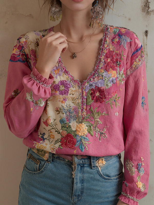 Bohemian Print Relaxed V-Neck Top