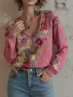 Bohemian Print Relaxed V-Neck Top