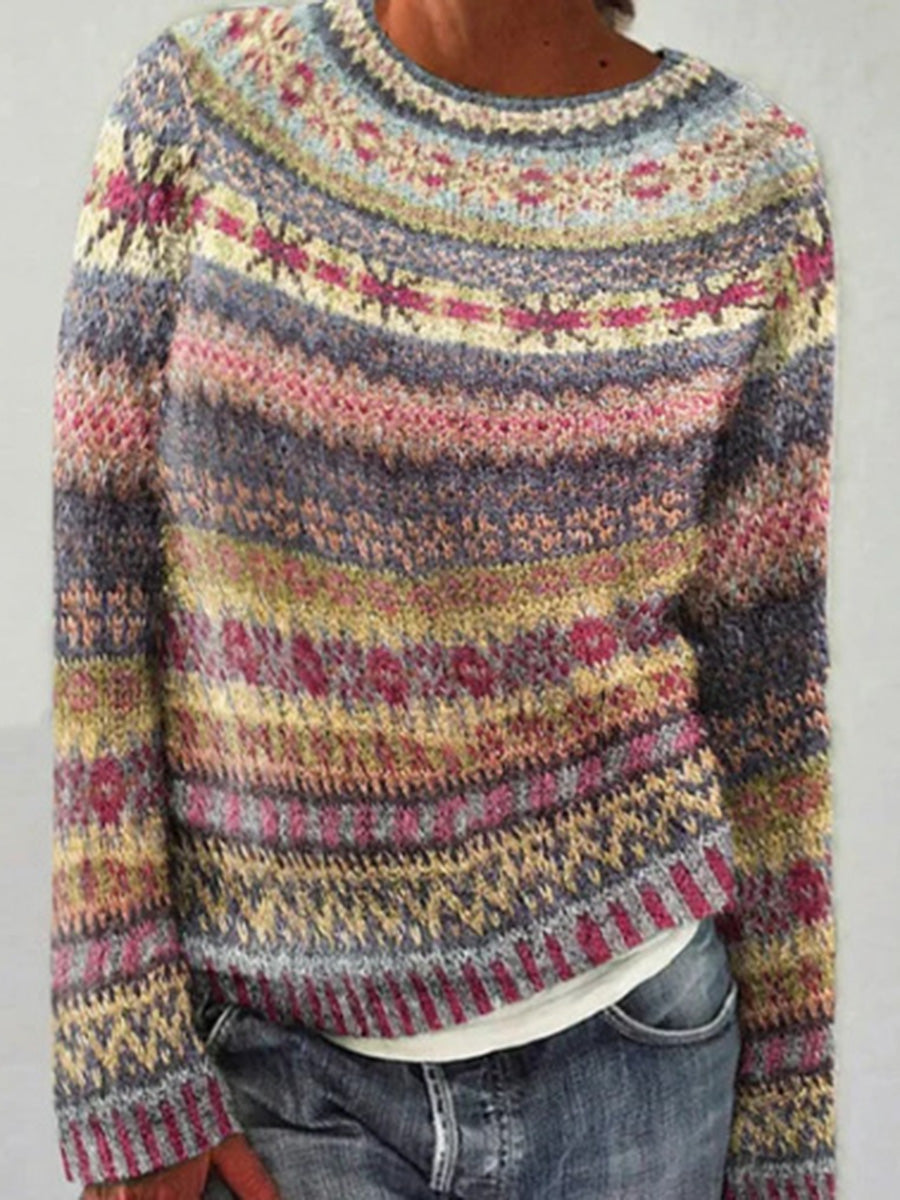 Bold Color-Block Round-Neck Pullover Sweater