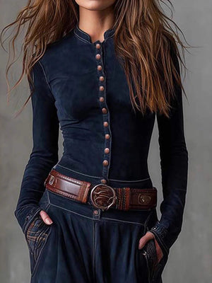 Button-Front Suede Patchwork Maxi Dress