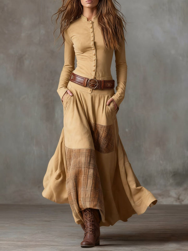 Button-Front Suede Patchwork Maxi Dress