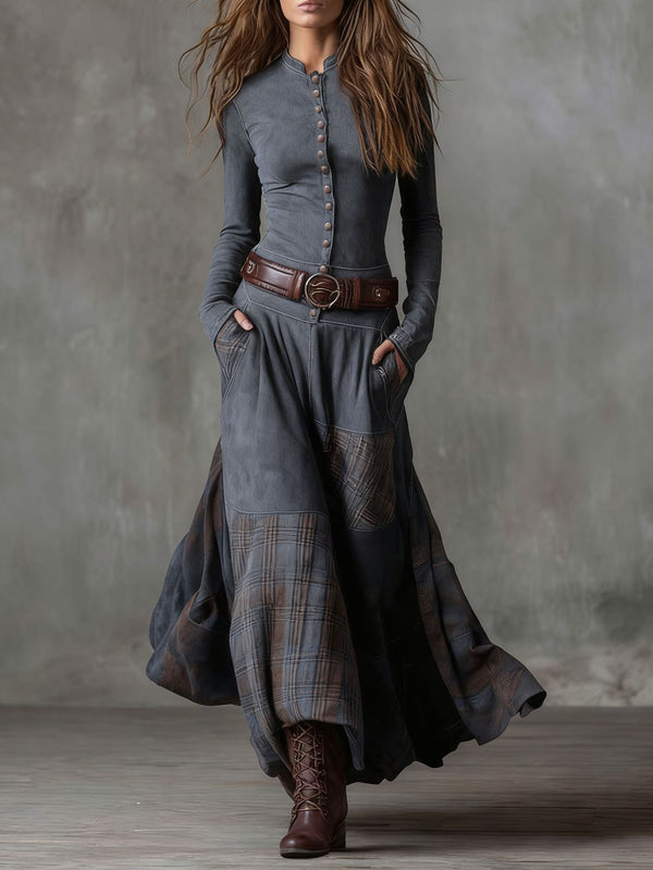 Button-Front Suede Patchwork Maxi Dress