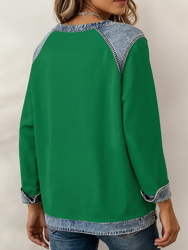 Casual Clover Denim Patchwork Sweatshirt