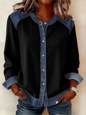 Casual Color-Blocked Patchwork Button-Up Top