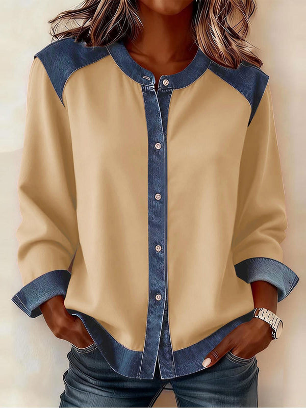 Casual Color-Blocked Patchwork Button-Up Top
