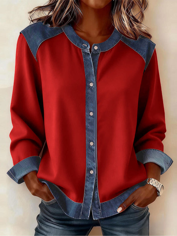 Casual Color-Blocked Patchwork Button-Up Top
