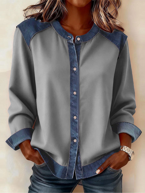 Casual Color-Blocked Patchwork Button-Up Top