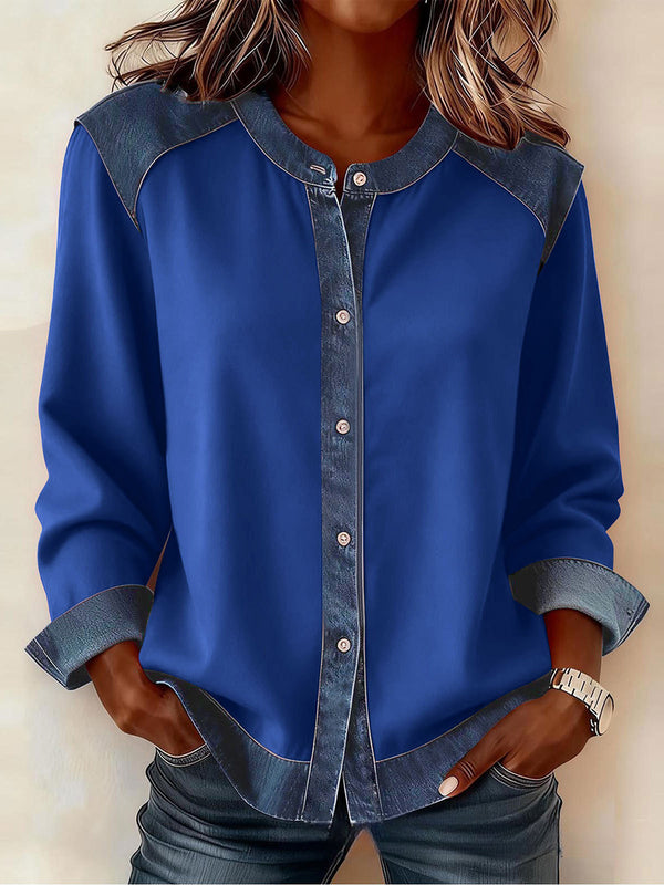 Casual Color-Blocked Patchwork Button-Up Top