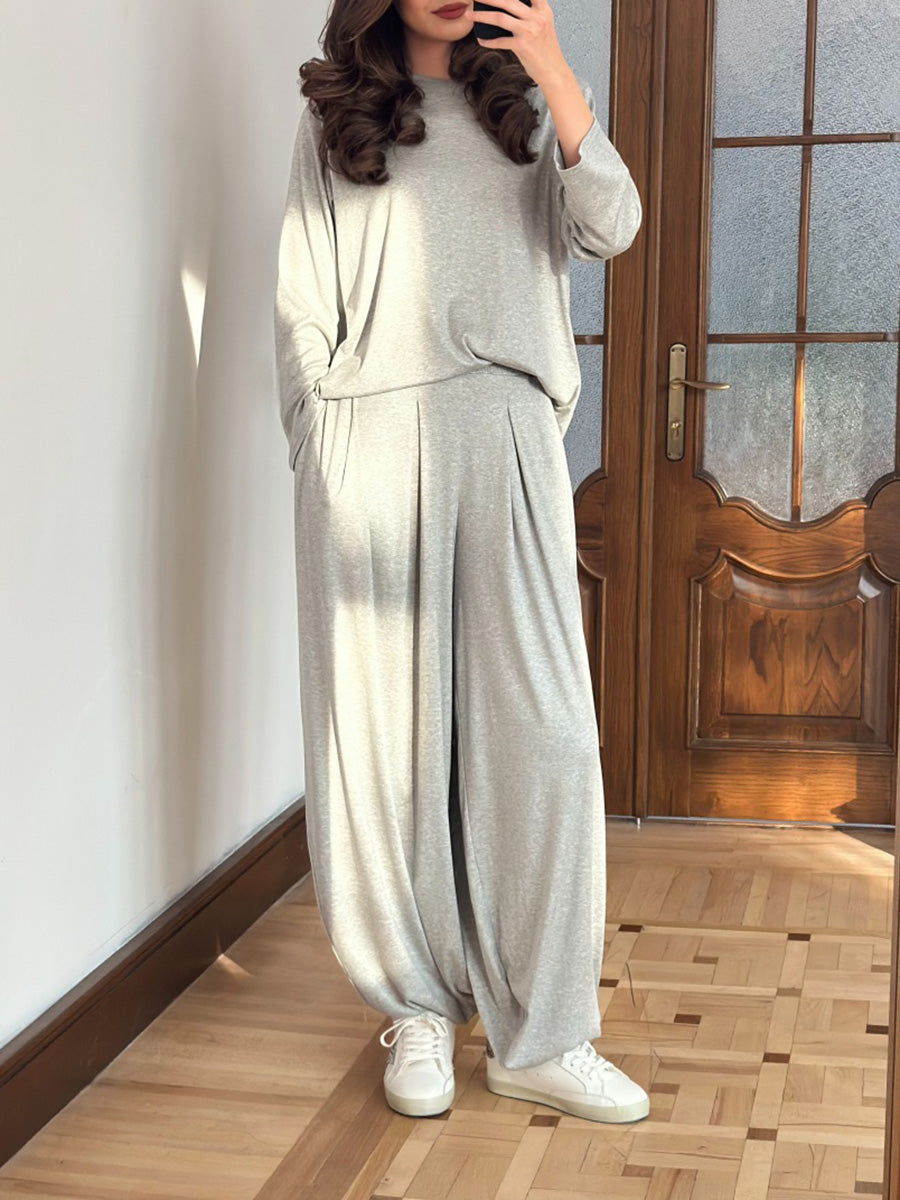 Casual Crew Neck Top & Wide-Leg Pants Set