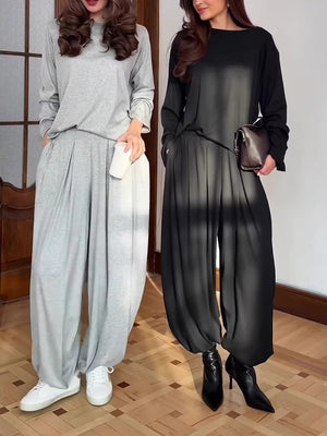Casual Crew Neck Top & Wide-Leg Pants Set