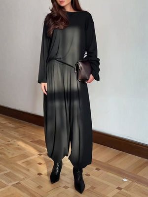 Casual Crew Neck Top & Wide-Leg Pants Set