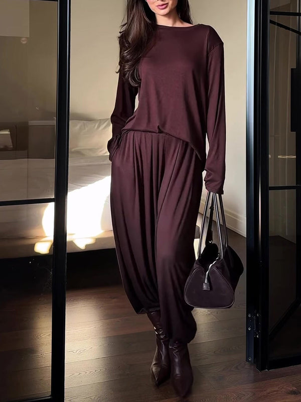 Casual Crew Neck Top & Wide-Leg Pants Set