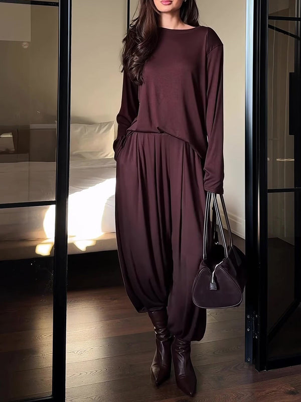 Casual Crew Neck Top & Wide-Leg Pants Set