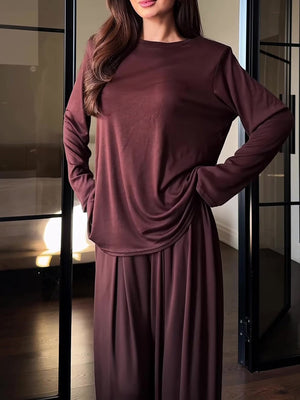 Casual Crew Neck Top & Wide-Leg Pants Set