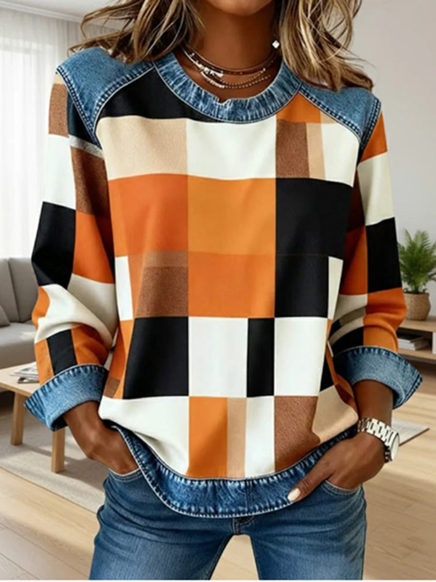 Casual Denim Patchwork Striped Top