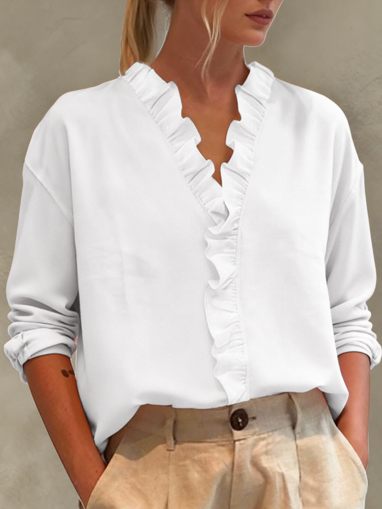 Casual Long-Sleeve Ruffled V-Neck Blouse