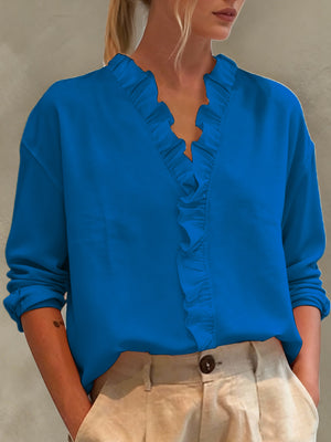 Casual Long-Sleeve Ruffled V-Neck Blouse