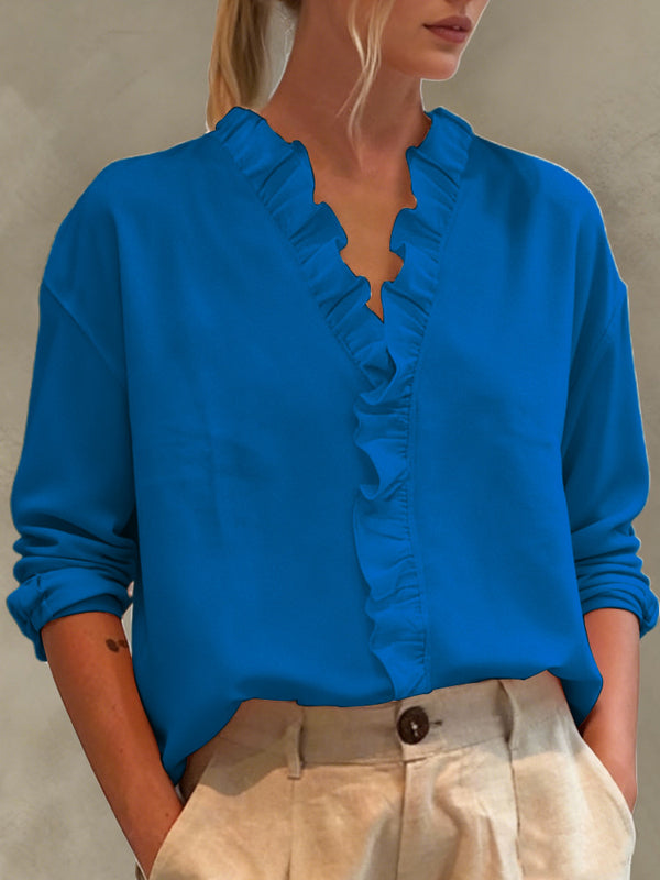 Casual Long-Sleeve Ruffled V-Neck Blouse