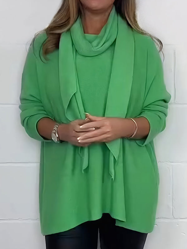 Casual Solid-Color Long-Sleeve & Scarf Top