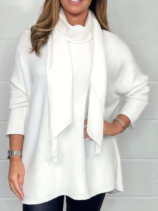 Casual Solid-Color Long-Sleeve & Scarf Top