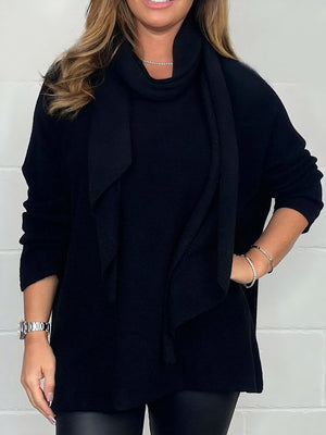 Casual Solid-Color Long-Sleeve & Scarf Top