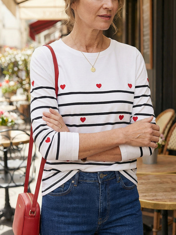 Casual Striped Heart Print Long-Sleeve Top