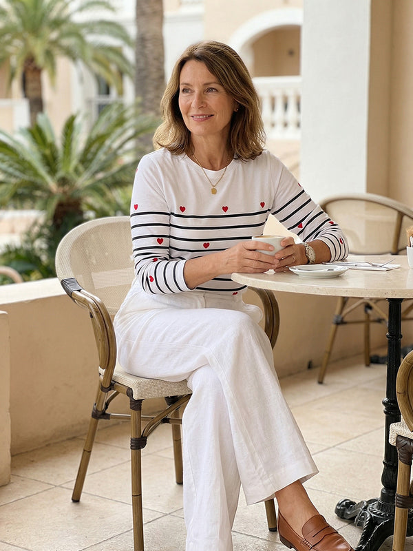 Casual Striped Heart Print Long-Sleeve Top