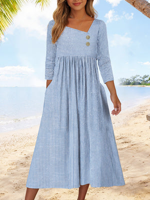 Casual V-Neck Striped Long Sleeve Dress