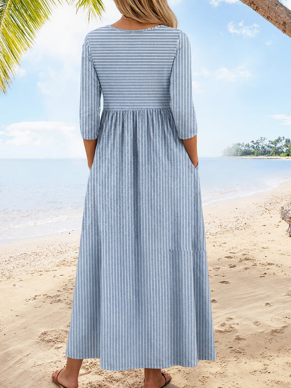 Casual V-Neck Striped Long Sleeve Dress