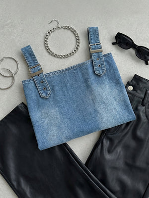 Casual Vintage Denim Halter Top