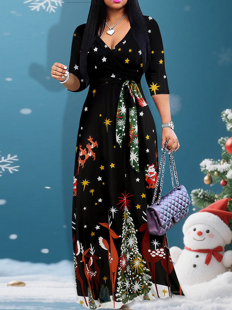 Christmas V-Neck Long-Sleeve Dress
