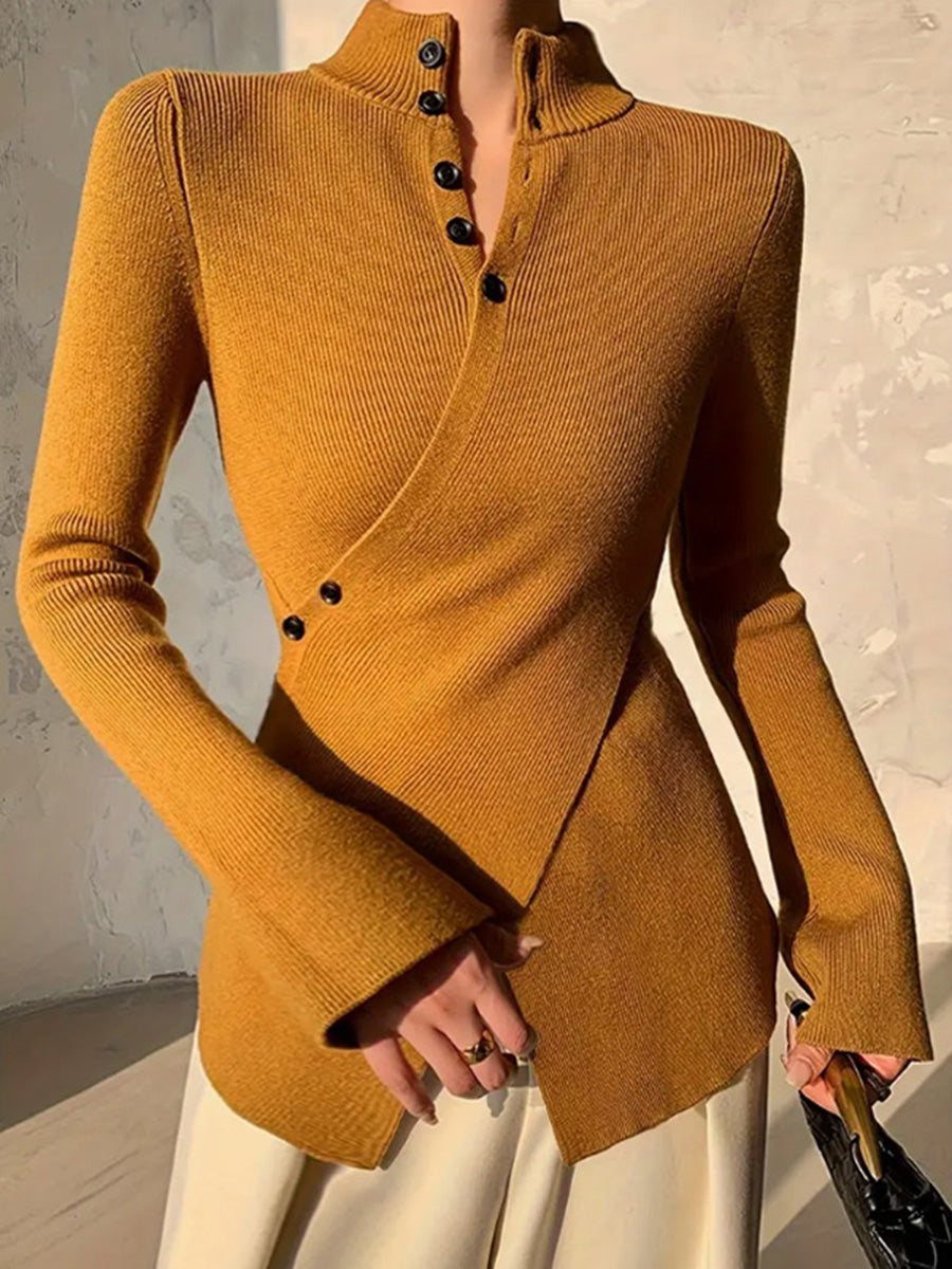 Classic Button-Front Stand Neck Sweater