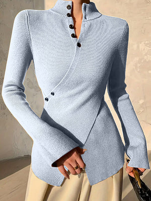 Classic Button-Front Stand Neck Sweater