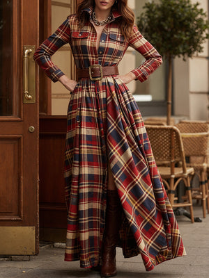 Classic Checkered Long Sleeve Maxi Dress