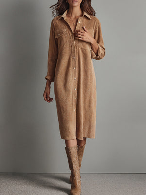 Classic Corduroy Button-Up Midi Dress