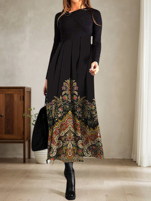 Classic Vintage-Pattern Slim Long Dress