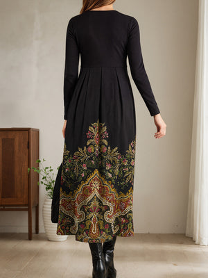 Classic Vintage-Pattern Slim Long Dress