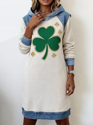 Clover Print Denim Patchwork Dress