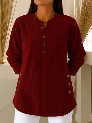 Corduroy V-Neck Button Top