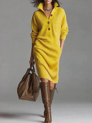 Cozy Wool-Blend Knitted Dress with Front Buttons