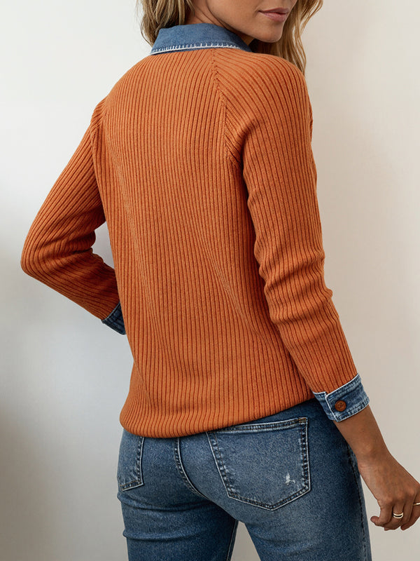 Denim Collar Button-Front Long-Sleeve Top