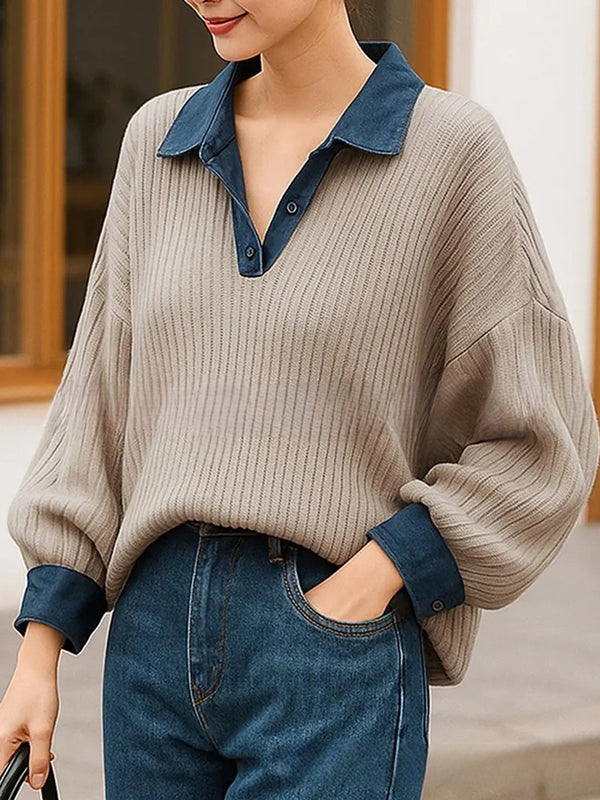 Denim Patchwork Faux Two-Piece Top